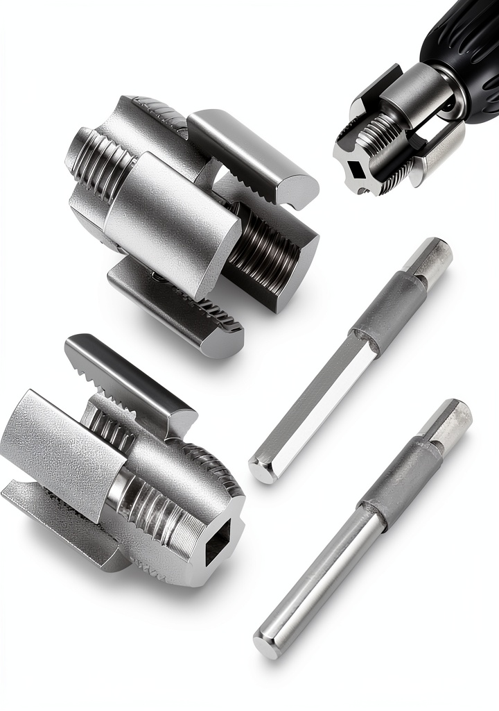 QIZRON pipe threading tool attached to a drill cutting a PVC pipe
